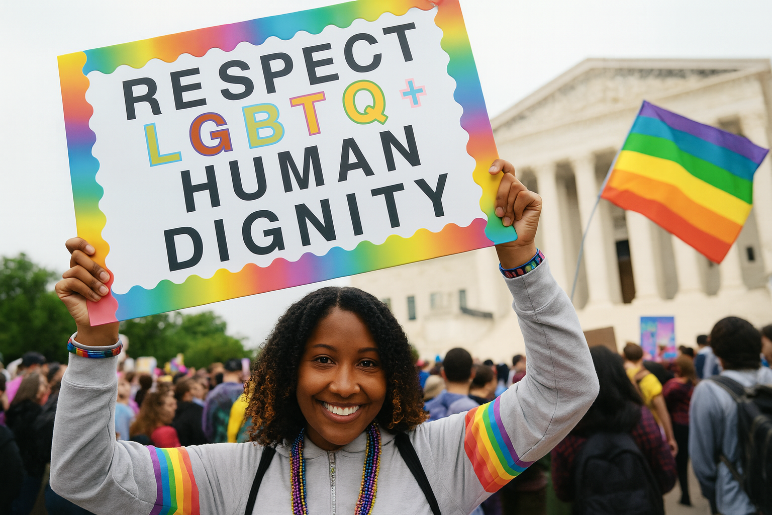 A person holding a poster that reads - Respect LGBTQ+ Human Dignity