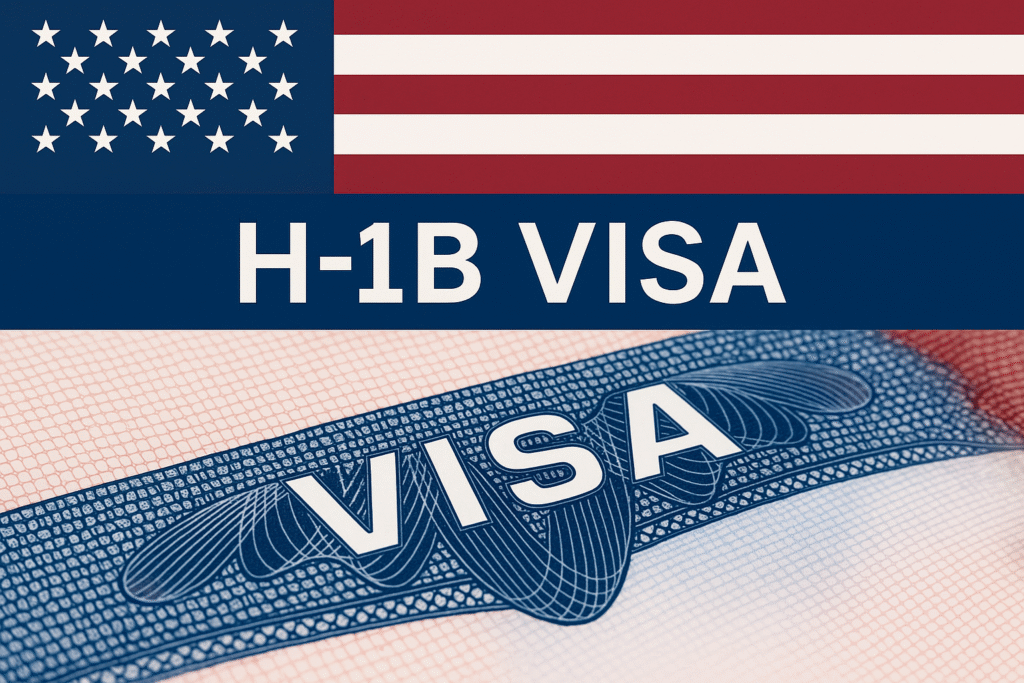 This is an image containing the text H-1B Visa along side a U.S. Flag