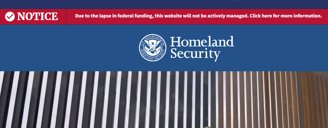 DHS Homepage with a notice indicating that it is shutdown